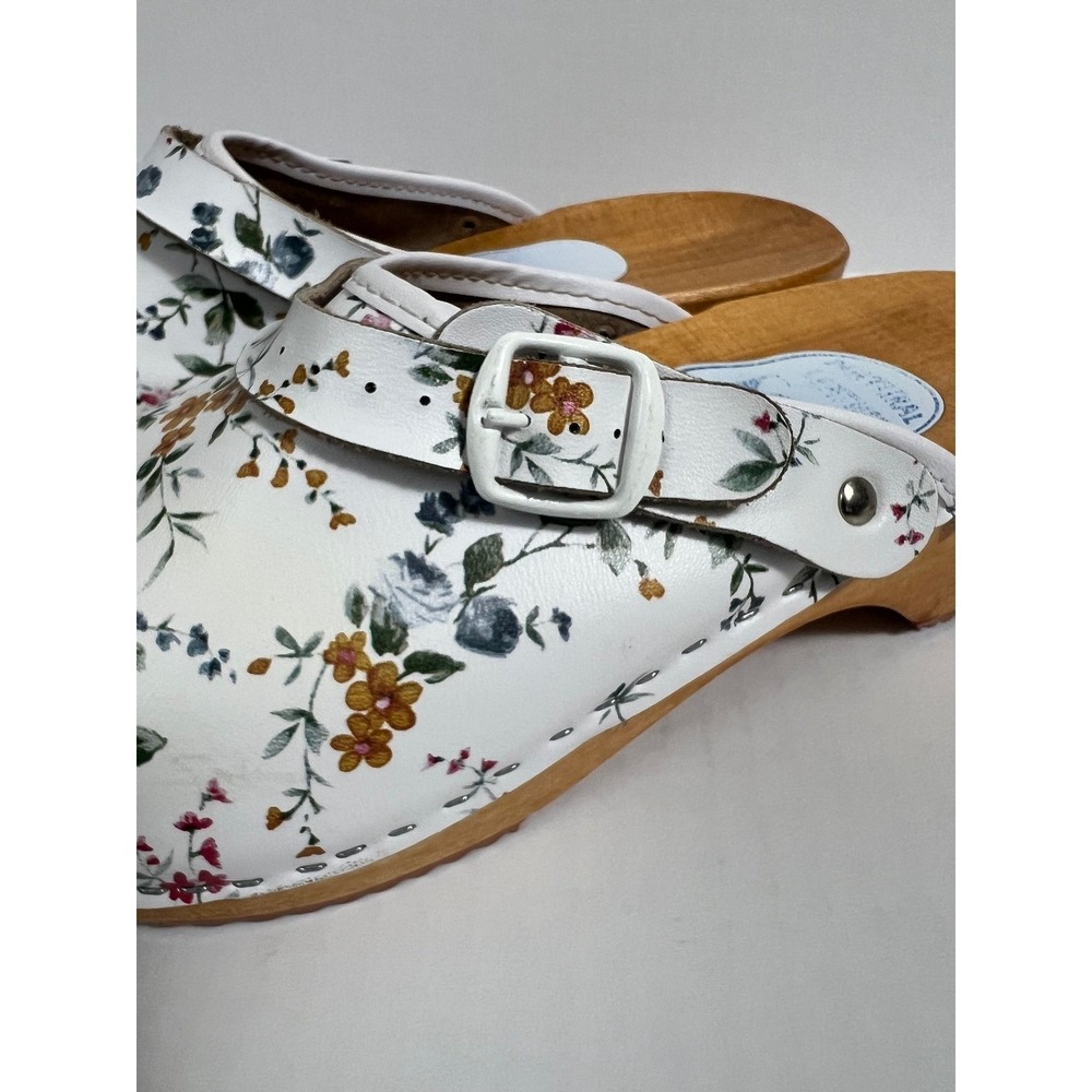 Orthopedik Floral Leather Clogs Womens 41‎ White Wood Sole Cottagecore Mules - Picture 9 of 10